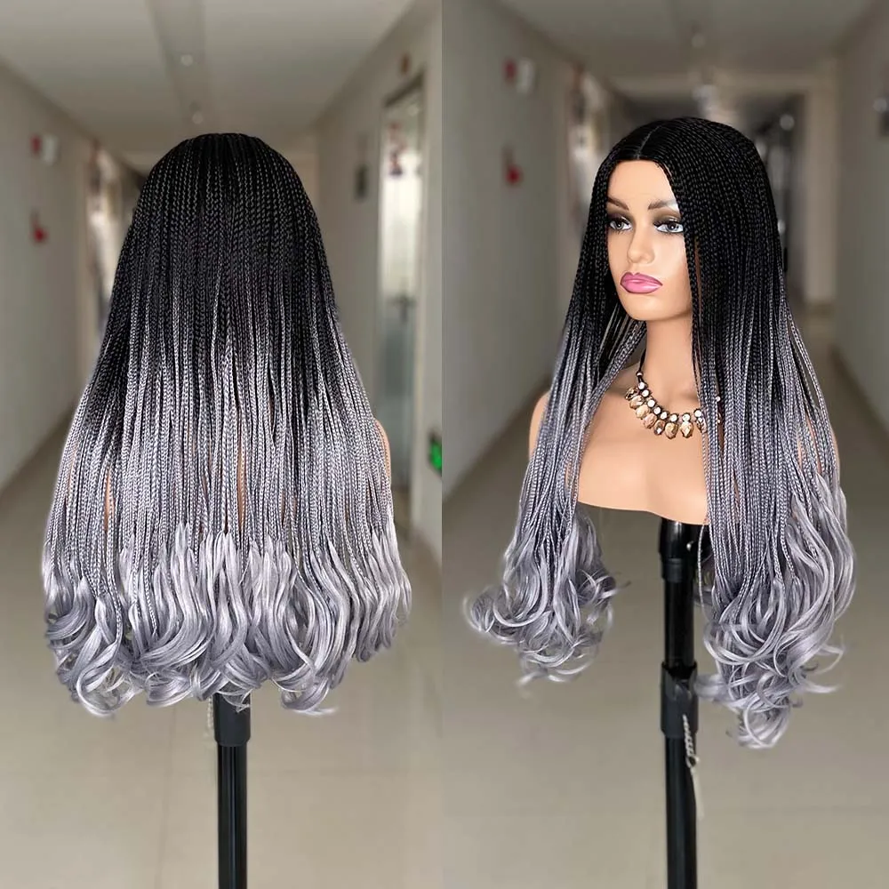 New Wavy Weave Long Braided Wigs Synthetic Box Braid Wig For Black Women Ombre Grey Color 26'' 3X Twist Braiding Hair Wig