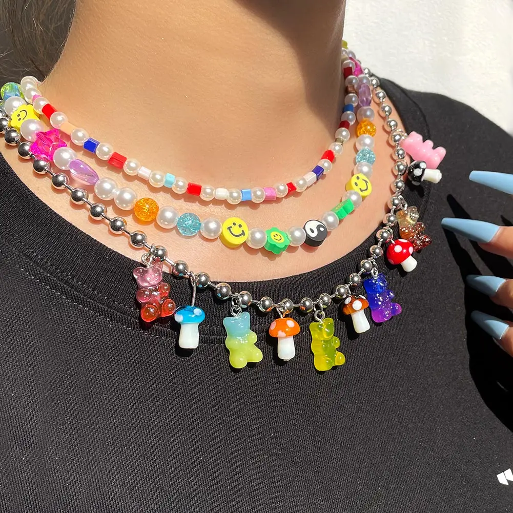 Y2K Candy Gummy Bear Mushroom Pendants Metal Necklaces Silver Color Stainless steel Ball Link Chain Necklace Girls Gifts Jewelry