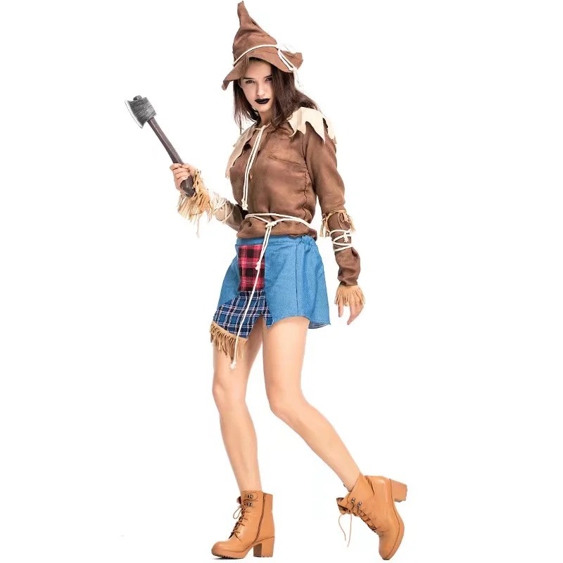 Women Farmer Beggar Cosplay Female Halloween Scarecrow Costumes Carnival Purim Parade Stage Nightclub Bar Role Play Party Dress