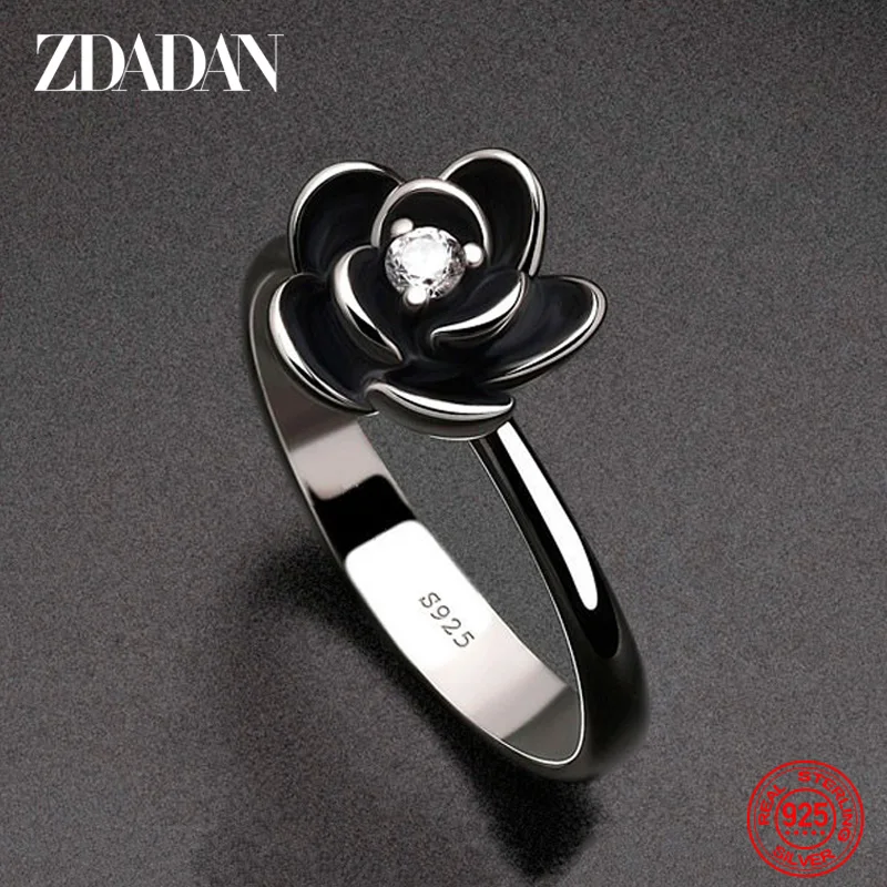 ZDADAN 925 Sterling Silver Charm Black Rose Flower Zircon Ring For Women Fashion Party Jewelry Gift Wholesale