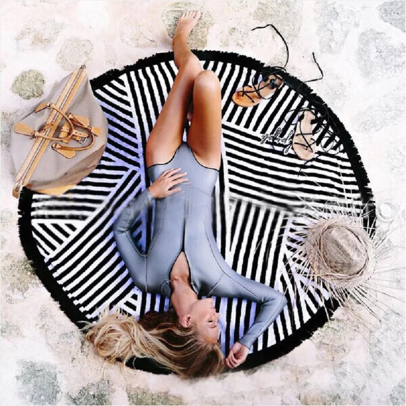 CAMMITEVER Black White Tapestry Round Beach Bath Towels Tassel Geometric Print Summer Women Swimming Sunbath Blanket Covers Up