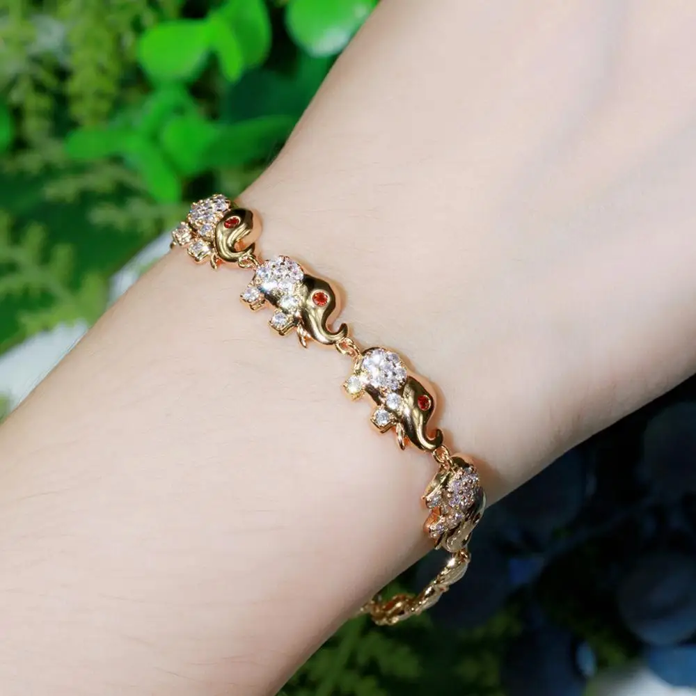 Pera Cute Elephant Shape Animal Charm Bracelets Bangles for Women 585 Light Gold Color Red White CZ Wedding Party Jewelry B186