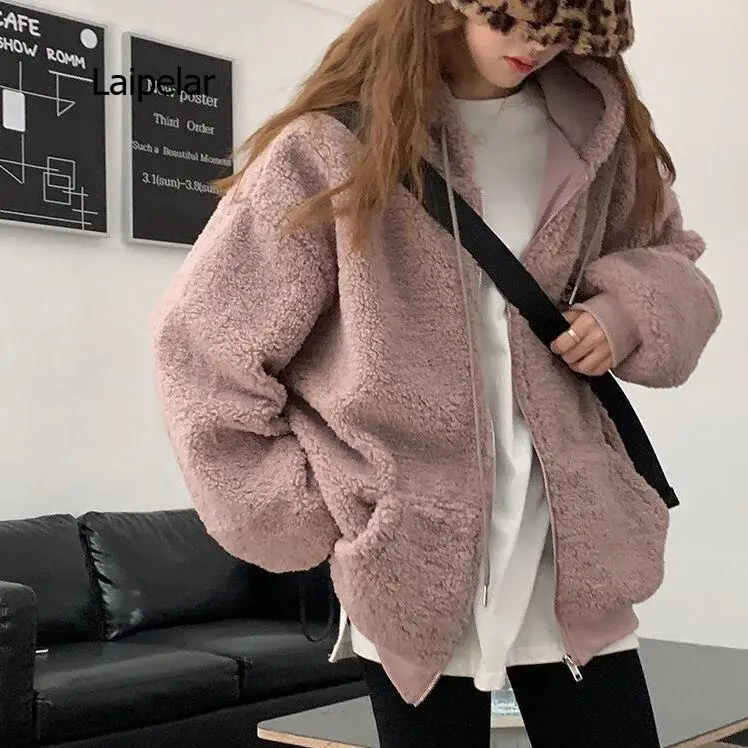 Autumn and Winter New Wool Lamb Cashmere Cardigan Sweater Women's Loose Hooded Zipper Top Harajuku One-piece Hat Warm Coat Women