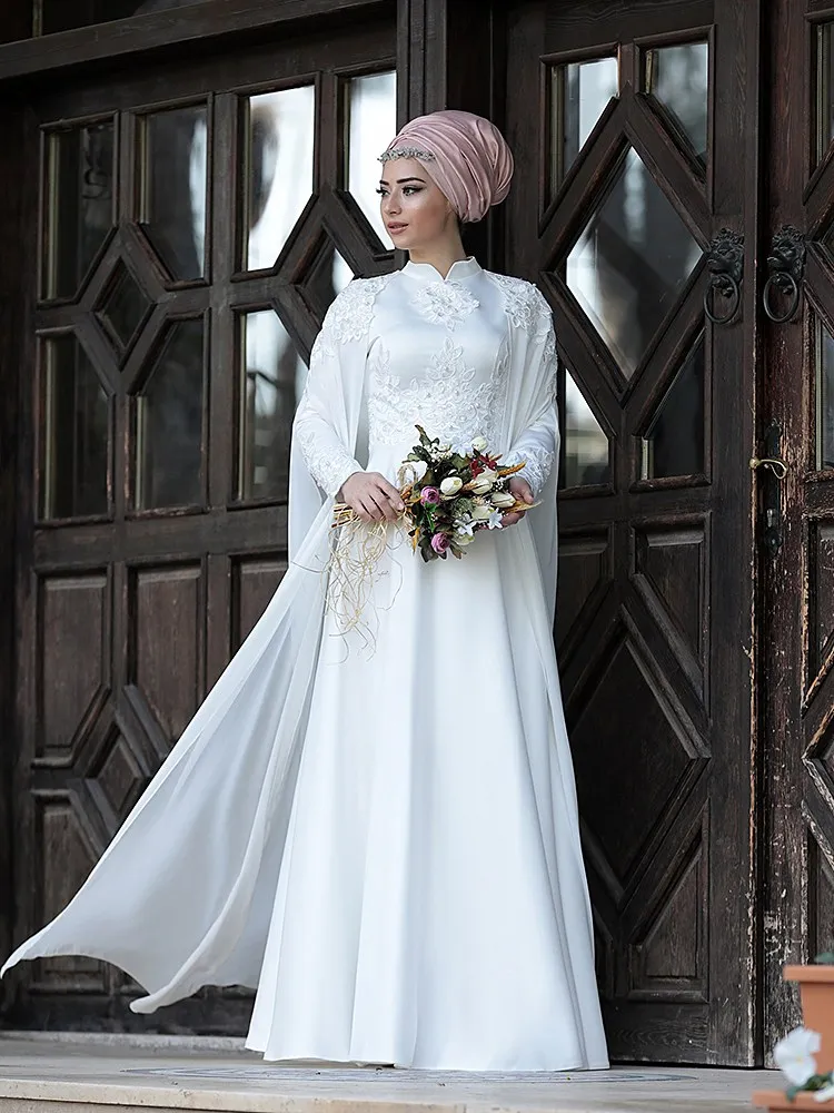 Pureสีขาวชุดราตรีมุสลิมสไตล์A-Lineคอยาวยาวแขนห่อProm Robe De Soirée de Mariage