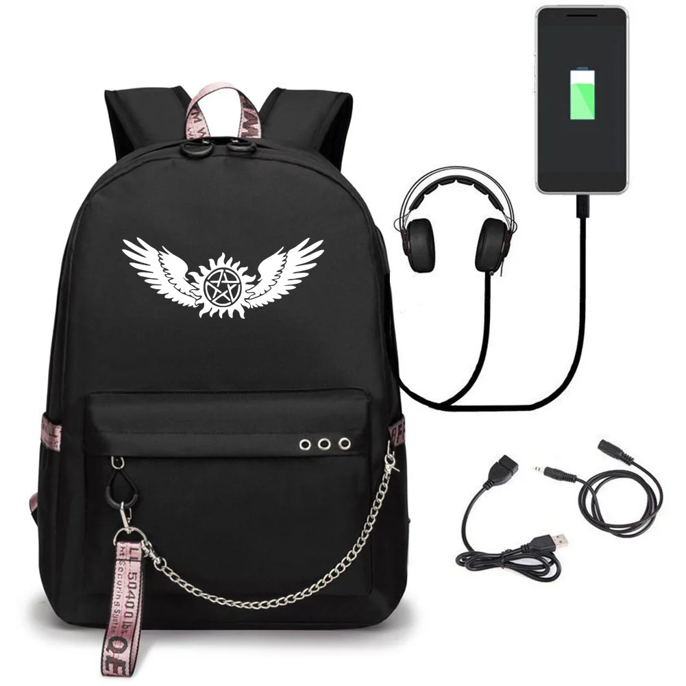 Supernatural SPN Wing Printed USB Backpack With Chain Headphone Port School Bags Mochila Travel Laptop Bags