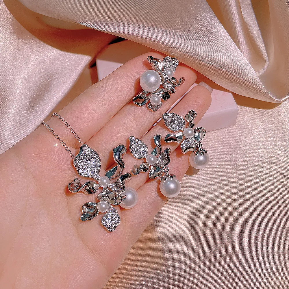 925 Silver High Quality Sea Zircon Bow Knot Bone Chain Necklace Female Net Red Pearl Simple Earrings Ring Birthday Jewelry Set