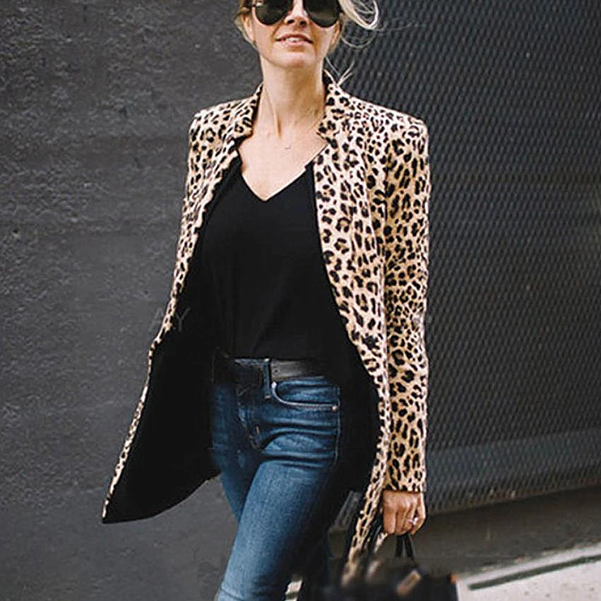 High Street Women Leopard Jacket Blazers New Office Lady Open Stitch Cardigan Jacket Suit Long Sleeve Slim Work Chic Blazer Fall