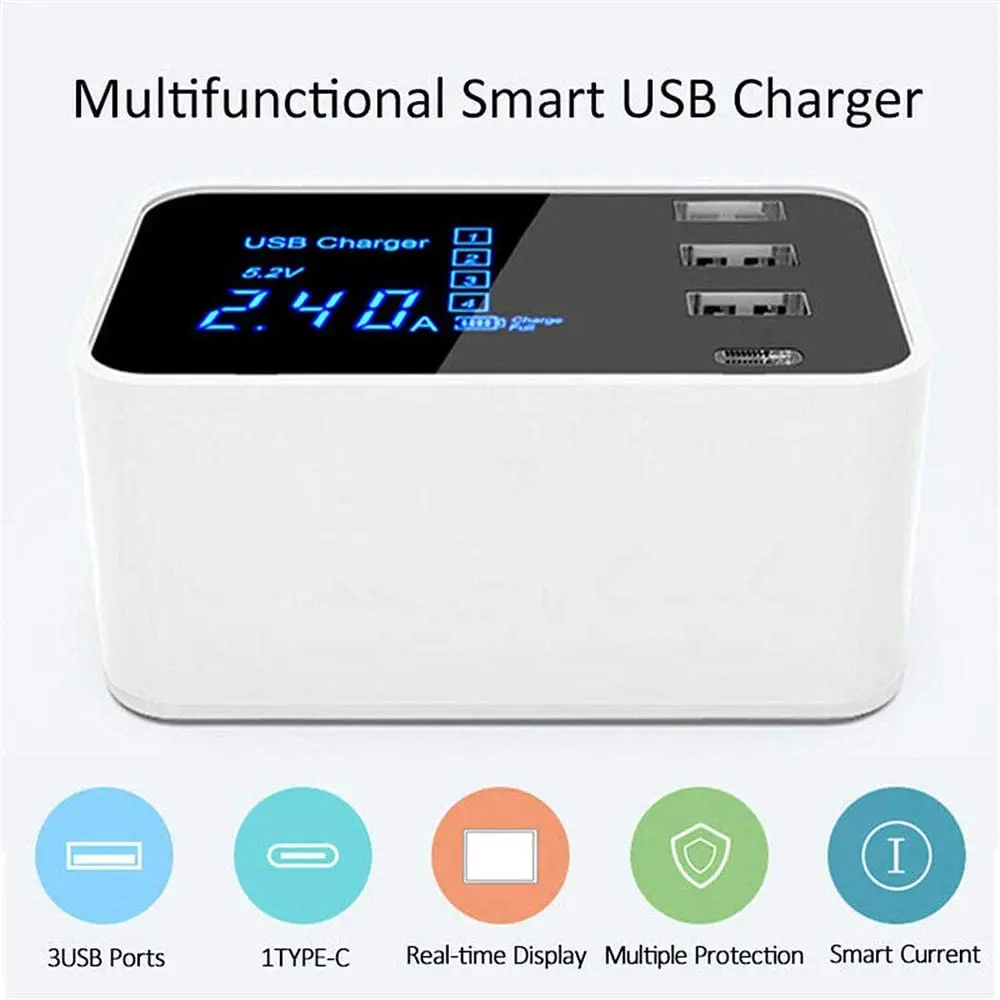 Multiple USB Charger Stand LCD Display For iPhone 8 11 12 pro max Type C 8 Port QC 3.0 Fast Charging Station For Samsung Xiaomi