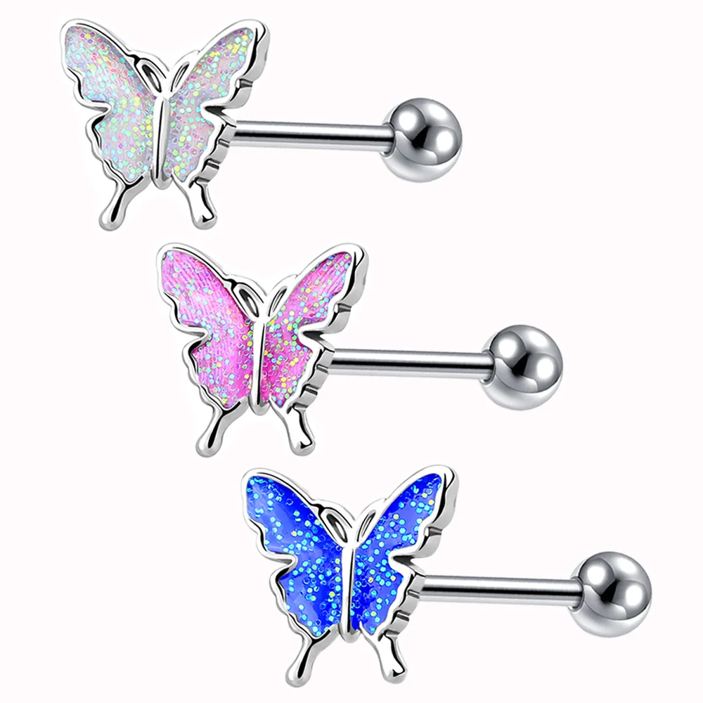 Starbeauty New Rainbow Sequins Butterfly Tongue Piercing Barbell 14G Tongue Rings Surgical Steel Bars Tounge Ring Unisex Jewelry