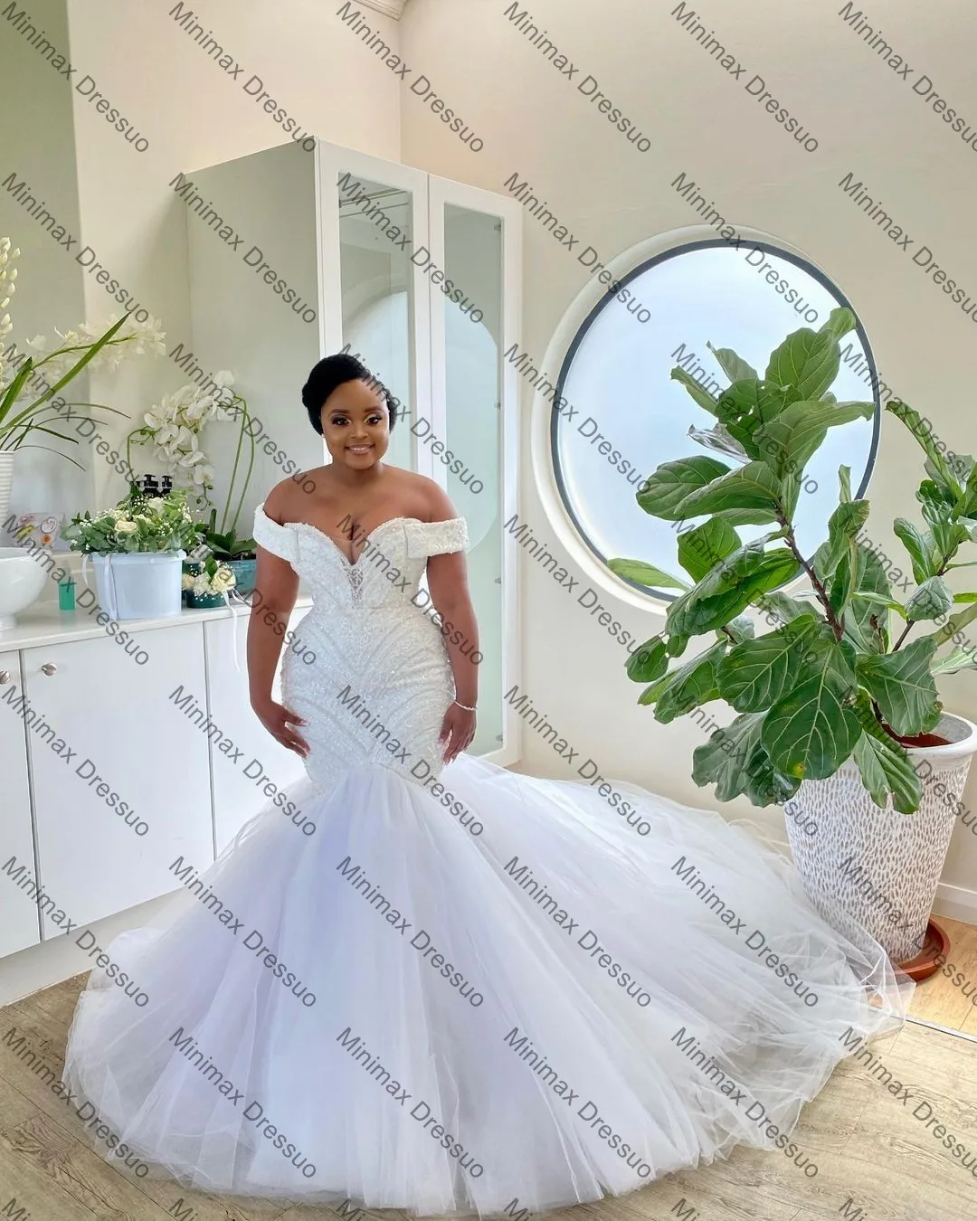 Abiti da sposa a sirena in Tulle con perline taglie forti spalle scoperte Appliques in pizzo abito da sposa Africa Aso Ebi abiti da sposa