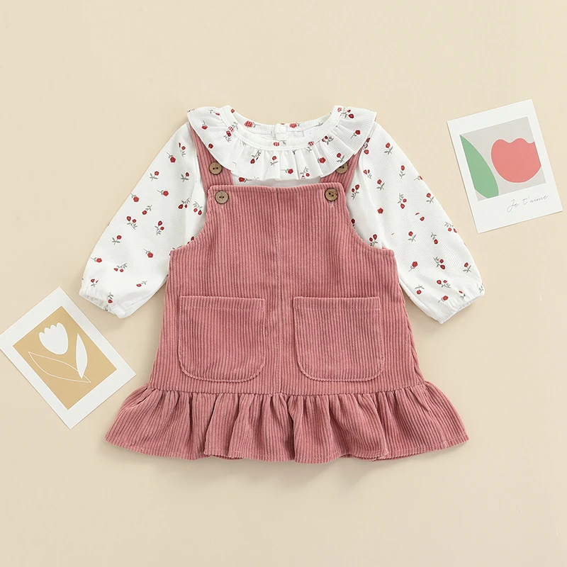 Infant Baby Girls Suit Spring Autumn Long Sleeve Floral Printed Romper Tops Solid Color Ruffled Dress 2pcs sets 0-18M