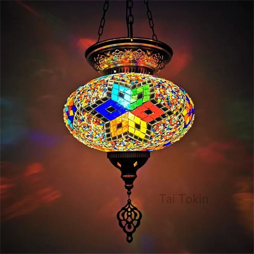 Bohemian Colorful Glass Lantern Pendant Lights Romantic Restaurant Hotel Bar House Shop Southeast Asian Hanging Lights Lighting