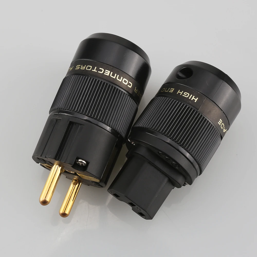 24K Gold Plated Schuko EU Power Plug IEC C13 Connector High End HIFI Audio AC Mains Plug Brass For Amplifier DAC
