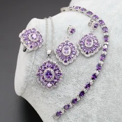 XUTAAYI Luxury Jewelry Earrings Silver Wedding Jewelry Sets For Women Purple Bracelet Rings Bridal Pendant Necklace Set