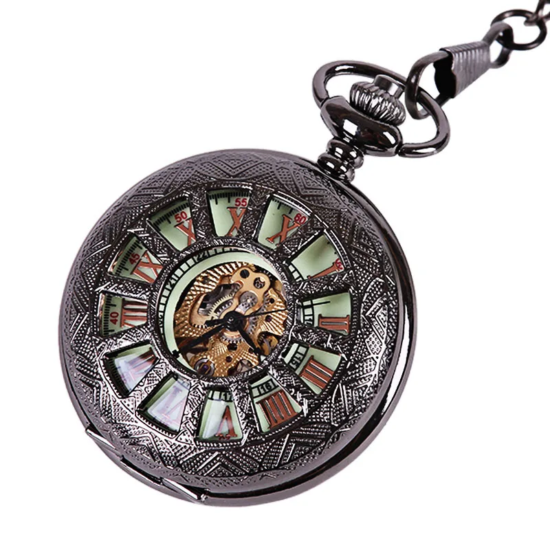 Reloj de bolsillo con cadena gruesa, patrón clásico, con forma de rueda de agua, mecánico, automático, luminoso, esfera romana dorada