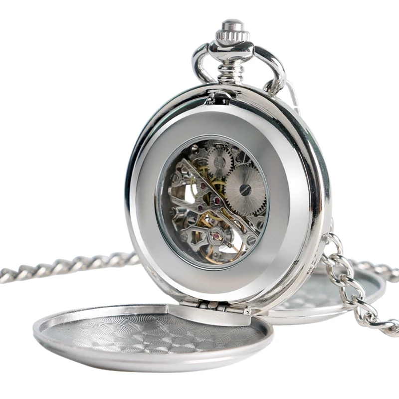 Classic Silver Pocket Watch Smooth Hand-winding Mechanical Double Hunter Pendant Watches Neckalce Chain Accessory relogio Montre