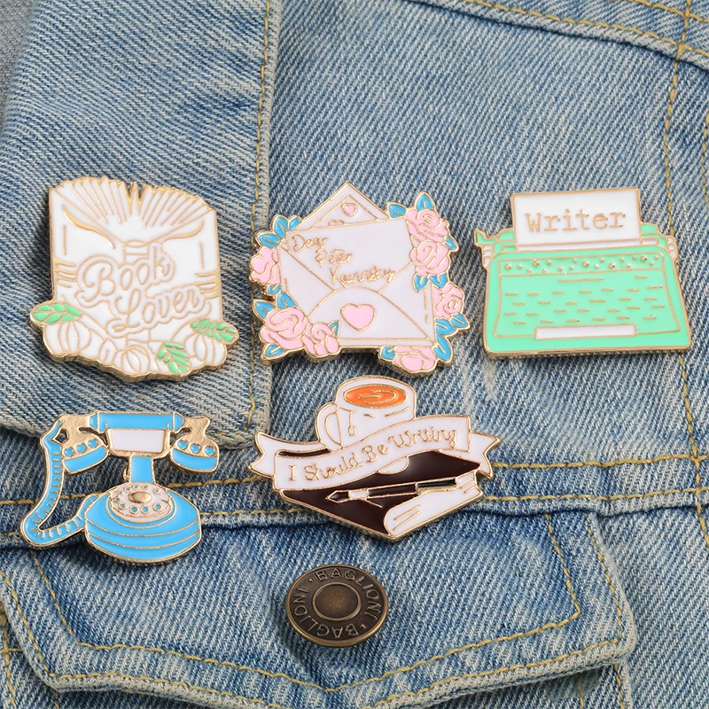 Sweet Flower Book Enamel Pin Cartoons Coffee Envelope Letter Telephone Writer Brooches Backpack Clothes Lapel Pins Badge Jewelry