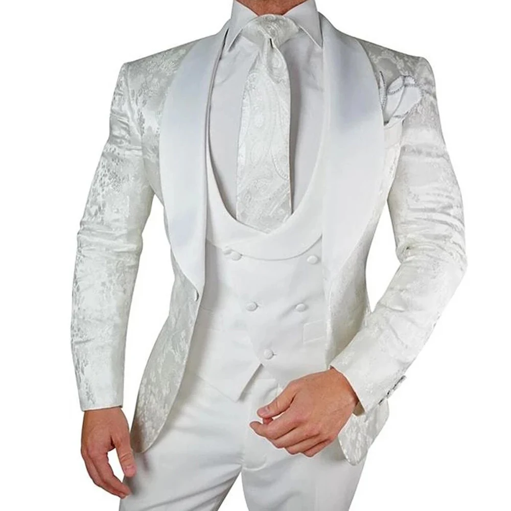 Esmoquin de boda Floral blanco para novio, traje ajustado de 3 piezas con chal de satén y solapa, chaqueta personalizada, chaleco de moda para hombre