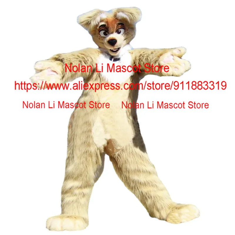 Hot Sale khaki Long Furry Husky Dog Fox Wolf Mascot Costume Set Adult Cosplay Cartoon Large-Scale Event Dancing Party 127