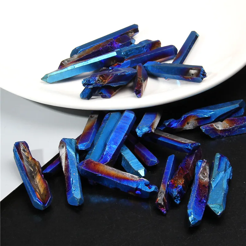 Top Drilled Blue Titanium AB Color Quartz Crystal Stick Beads Raw Crystals Loose Beads Spike Point Necklace Beads Jewelry Making