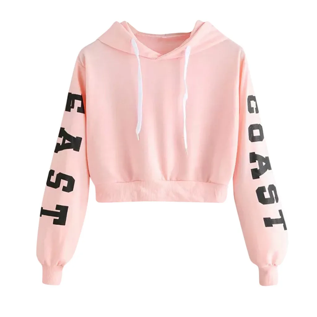 EAST COAST Letter Print Hoodies Women Hooded Sweatshirt Long Sleeve Hoodie 2020 Streetwear Jumper Short Crop Top autumn pullover