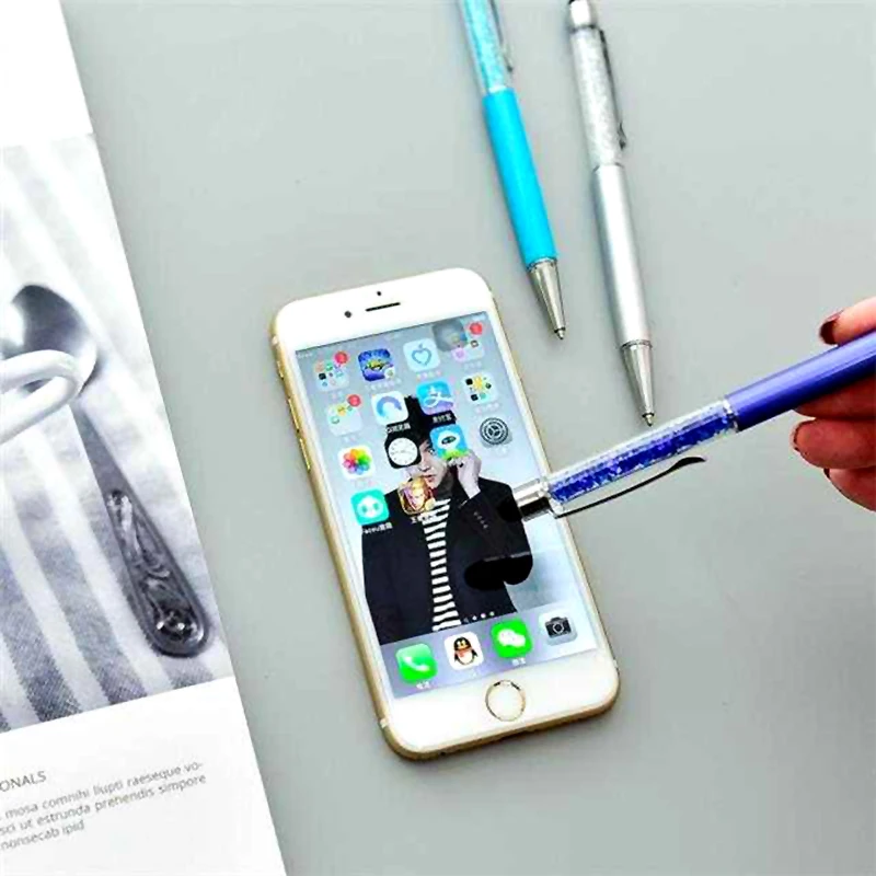 Pena kristal berlian kreatif, 10 buah pena bolpoin alat tulis pena Stylus Stylus 0.7mm biru isi ulang