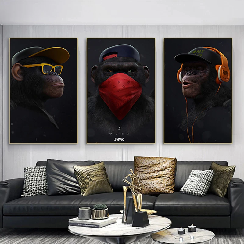 Funny Animal Painting Gorilla Canvas Paintings Wall Art Posters 3 Smart Monkeys Pictures Prints for Living Room Home Decoration