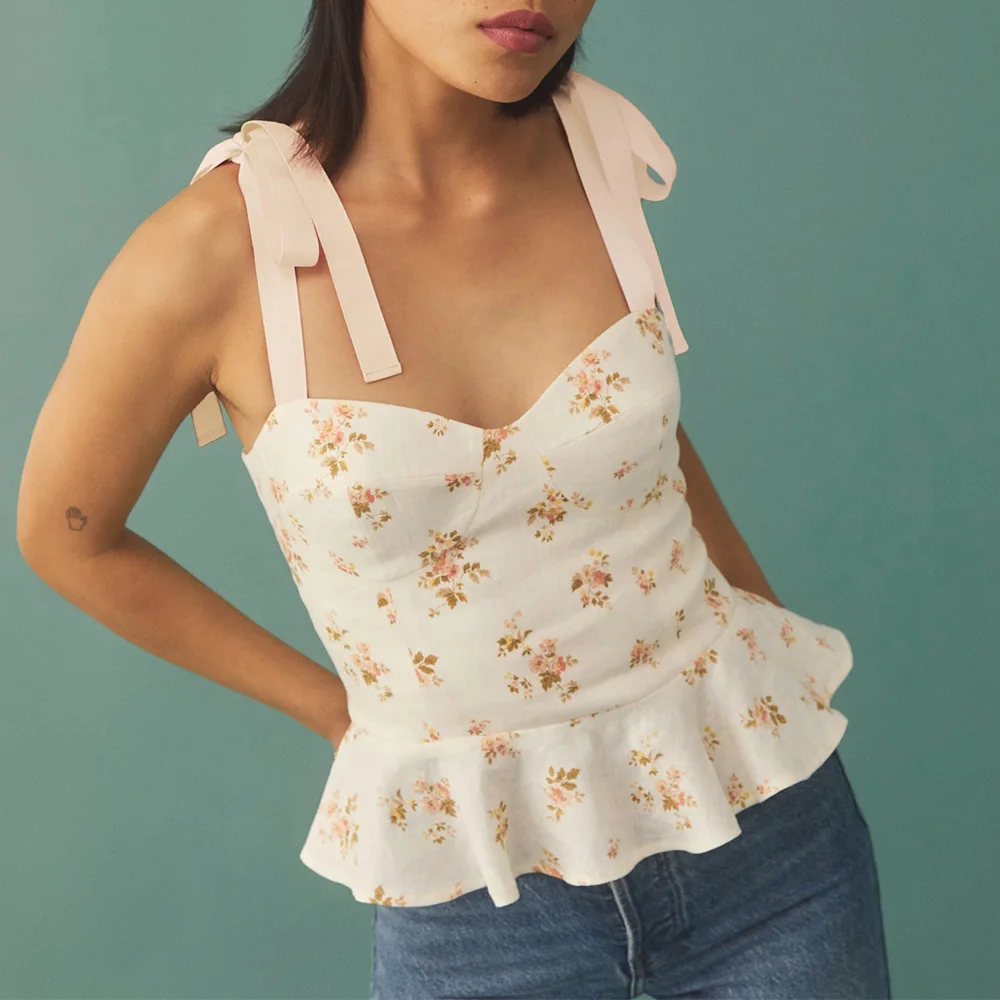 Top corto con estampado Floral Vintage para mujer, Top con escote Corazón, dobladillo con volantes, Top elegante sin mangas con tirantes anudados, Tops sexys para mujer 2021