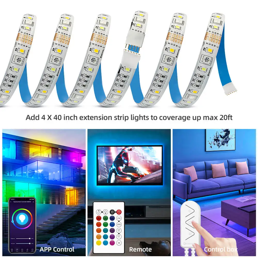Smart RGBCCT LED Light Strip Wifi Controller 12V 2m Flexible Strip Kit Voice Control RF Remoteworks with Alexa Google Assistant