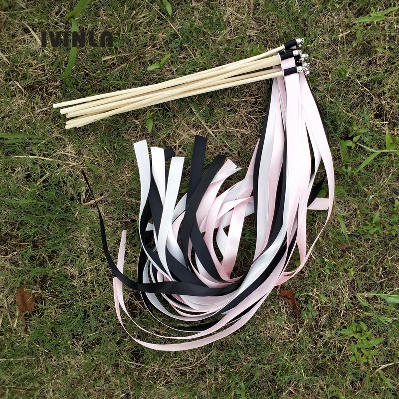 

50pcs/lot 3 white pink and black Ribbons wands Twirling Streamers With Bell for wedding decoration