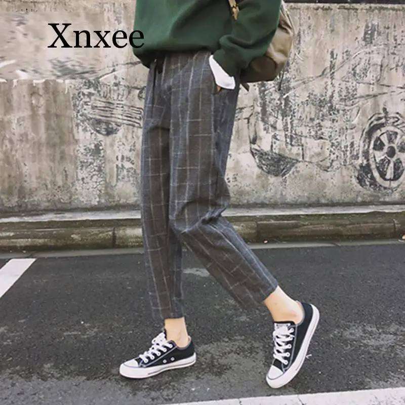 

long pants Vintage Plaid Harem Pants Harajuku 2020 Fashion Women Elastic Waist Trousers Korean Style Nine Pants Pantalon Femme