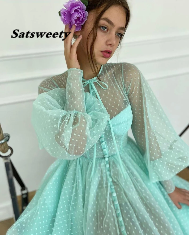 Turquoise Green Dotted Tulle Tea Length Prom Dresses With Buttoned Top O-Neck Long Puff Sleeves Homecoming Party Dress