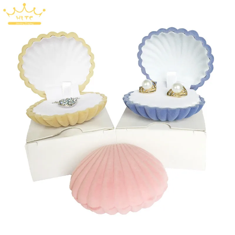 10pcs/lot Shell Shape Lovely Velvet Wedding Engagement Ring Box For Earrings Necklace Bracelet Jewelry Display Gift Box Holder