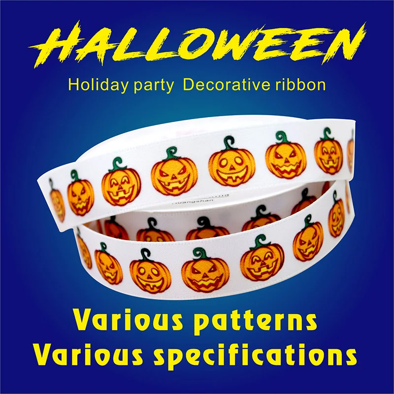 Halloween Satin Grosgrain Ribbon, Polyester for Gift Packaging, Festival Decoration, Bow DIY, 19mm, 26mm, 32mm, 39mm, 10Yard/Lot