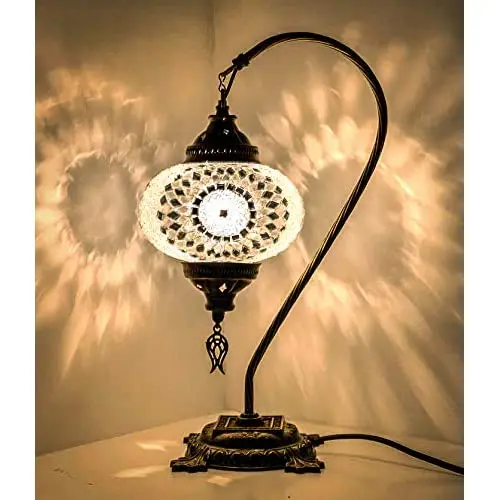 LaModaHome Turkish Lamp Swan Neck Turkish Moroccan Mosaic Table Boho Lamp - Silver (Bulb Included)