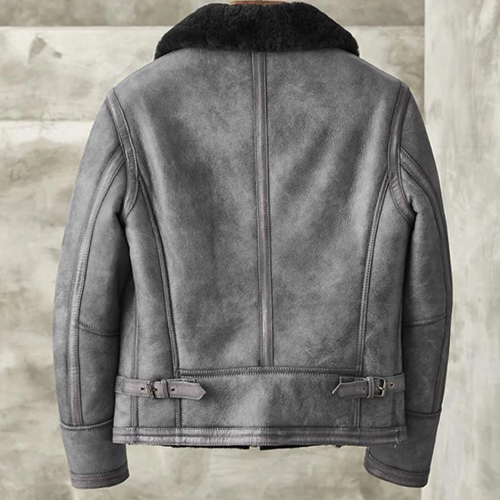 Mens Sheepskin Shearing Jacket Leather Jacket Metallic Gray Color B3 Bomber Coat