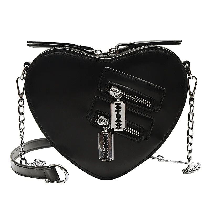 Gothic Heart Blade Zipper Chain Crossbody Bags For Women Girl Casual Shoulder Purses And Handbags Techwear Summer Wallet Goth