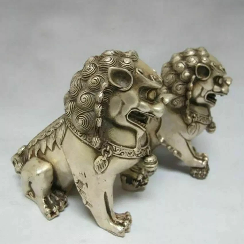 Details about Chinese Tibet silver carved guard Foo Dogs Lion pair statues