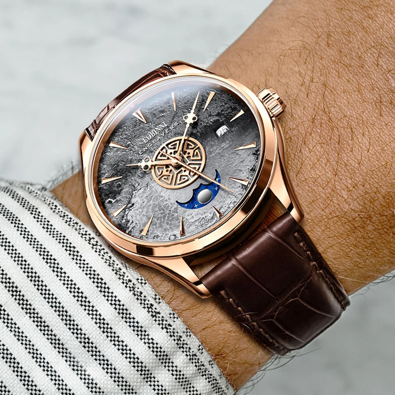 LOBINNI 2021 New Style Original Design Luxury Men Watches Mens Waterproof 50M Automatic Mechanical Watch Moon Phase Date Clock