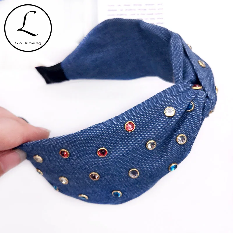 

New summer baby Girls colorful Rhinestiones Jeans Headbands Children Kids Girls Denim Color Cotton Hairbands hairAccessories