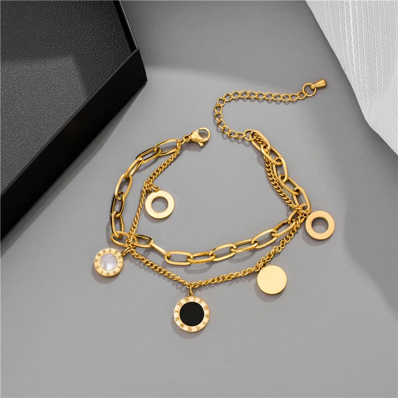 MEYRROYU Stainless Steel Layered Golden Pendant Bracelet For Women Retro Punk Gothic Portrait Coin Cross Pearl Bracelet Jewelry