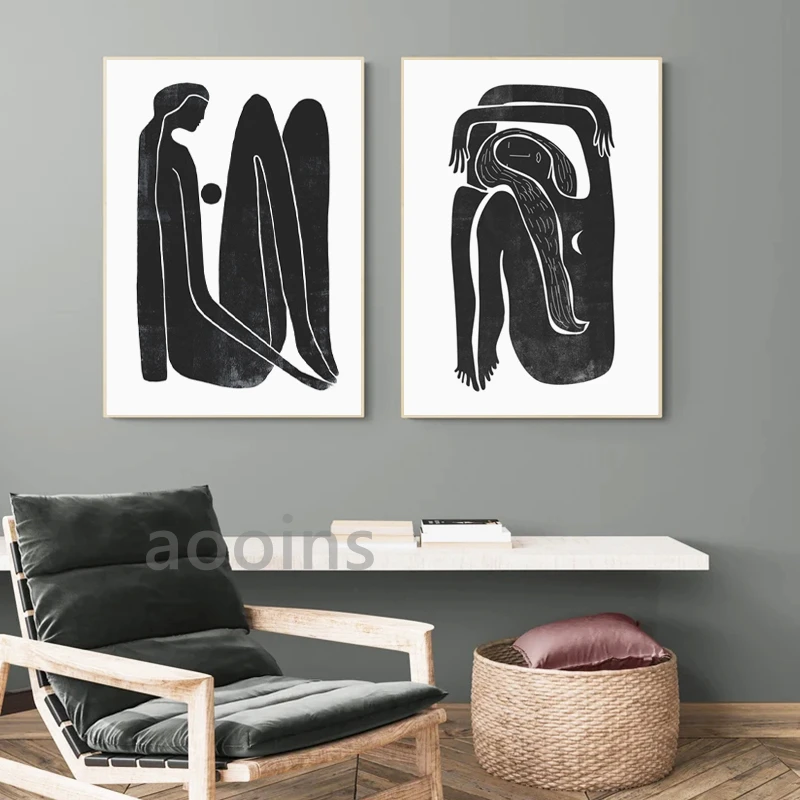Black and White Minimalist Female Portrait Painting Mid century Moon Posters Boho Art Print Canvas Picture Home Wall Art Decor