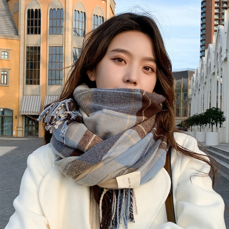 W66 Scarf Female Winter Korean Version Of Wild Plaid Autumn And Winter Thickening Warm Shawl New Couple Student Bib