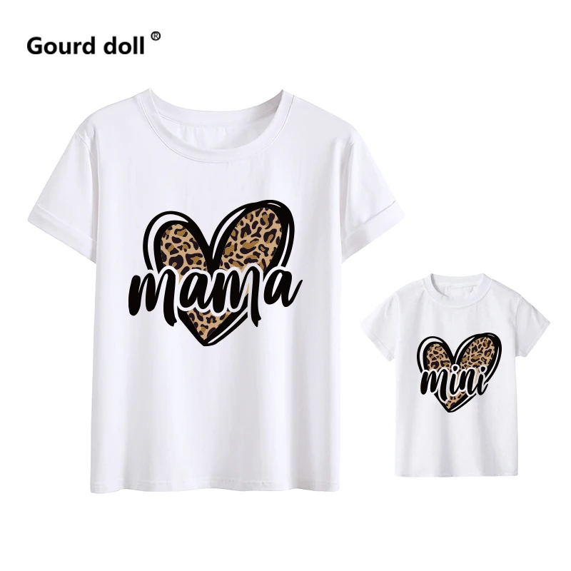 Family Matching Mother Kids Daughter T-shirts Cotton MAMA MINI Mom Baby Leopard Mommy and Me tshirt Family Matching Outfits Tops