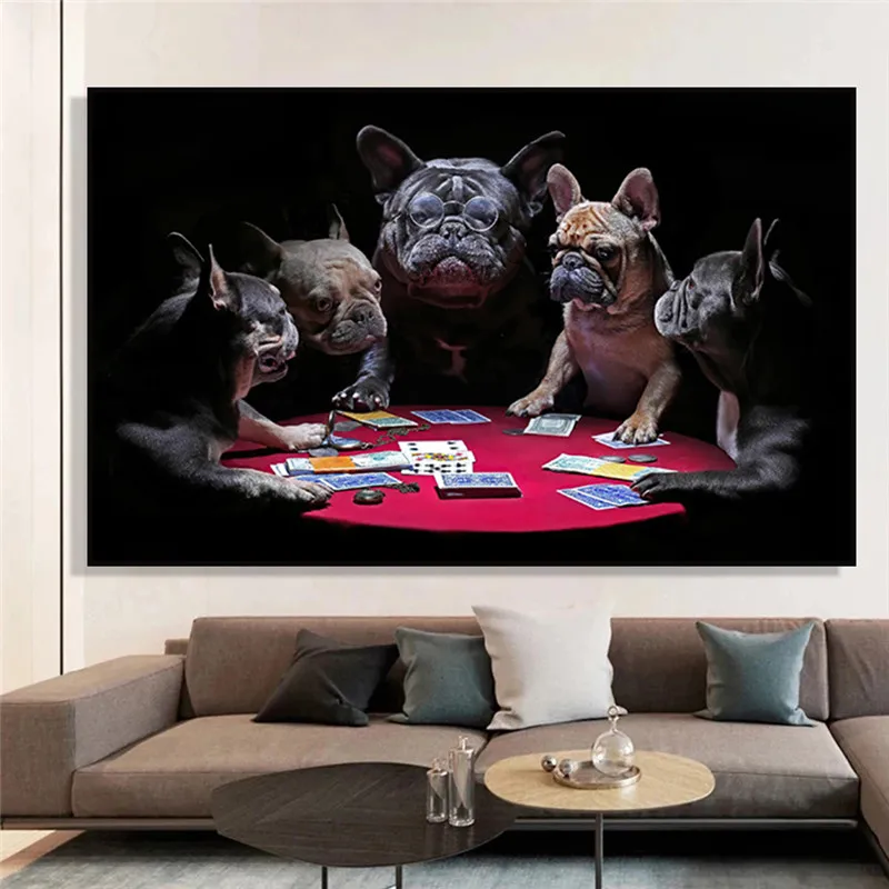 Funny Animals Playing Cards Posters And Prints French Bulldogs Dogs Canvas Modern Art Wall Painting Pciture Room Home Decoration