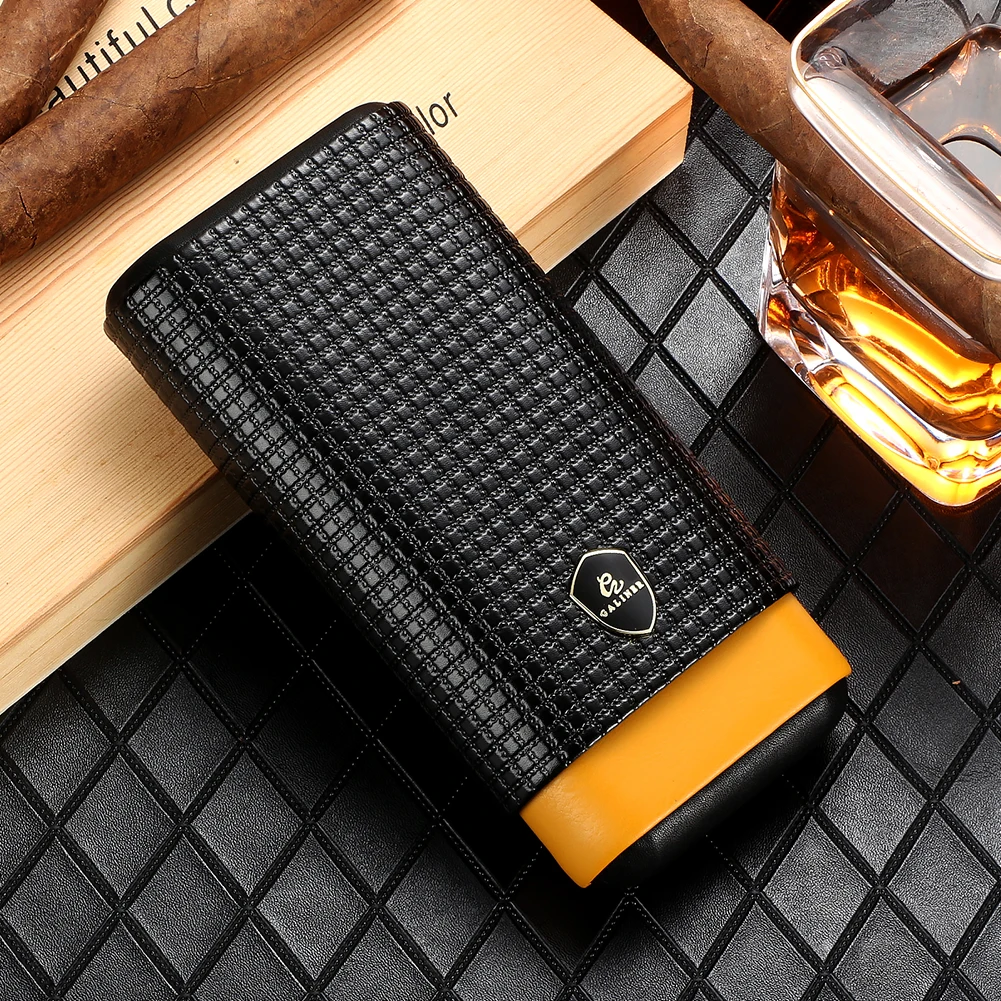 GALINER Leather Cedar Wood Cigar Case 3 Tube Mini Cigar Holder Humidor Portable Storage Cigar Smoking Tool