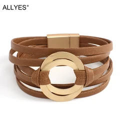 ALLYES Boho Genuine Leather Bracelets for Women Men Fashion Round Hollow Circles Charm Wrap Bracelet Bangle Female Jewelry Gifts