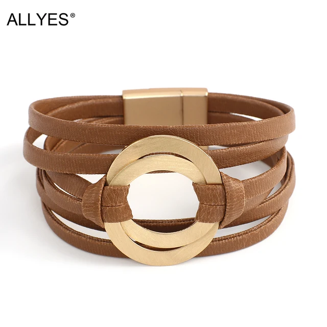 ALLYES Boho bransoletki z prawdziwej skóry dla kobiet mężczyzn moda okrągłe puste koła Charm Wrap bransoletka Bangle damska biżuteria prezenty