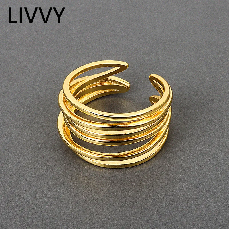 LIVVY Silver Color Wedding Rings Simple Geometric Multilayer Winding Handmade Jewelry for Women Size  Adjustable 2021 Trendy