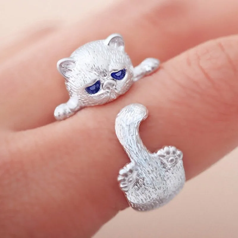 Cute Lifelike Cat Opening Rings For Women Trendy Silver Color Adjustable Female Jewelry Birthday Party Child Gifts